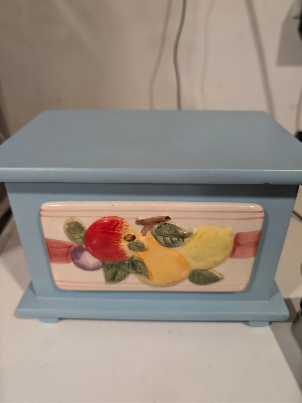 Blue Ceramic Fruit Recipe Box Vintage Cottage Core Mcm